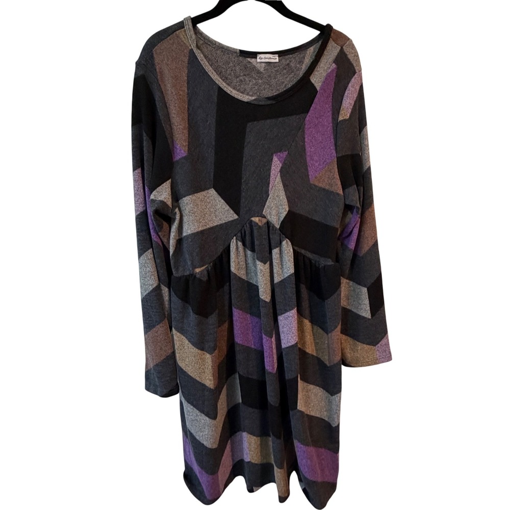 Womens Geometric Chevron Empire Waist Long Sleeve Dress Purple Gray Classic